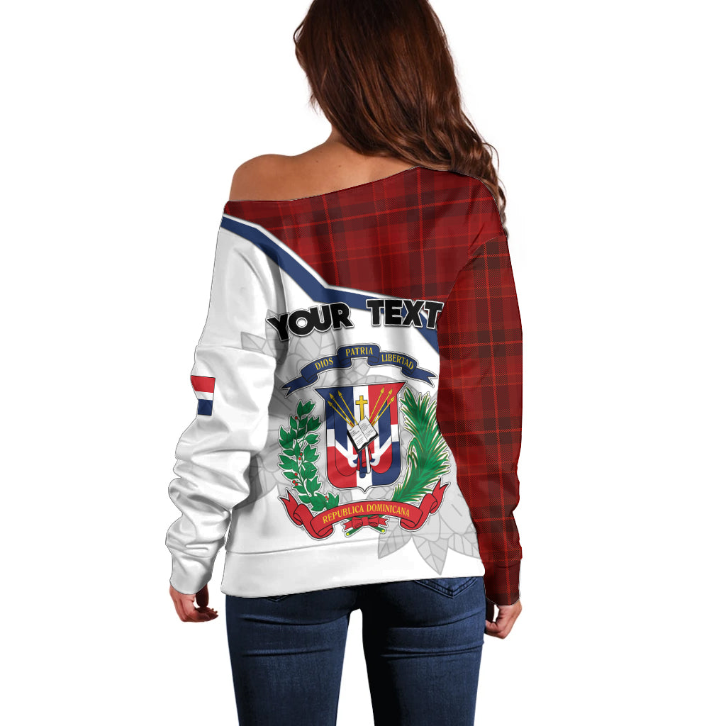 Personlised Dominican Republic Off Shoulder Sweater Dominicana Plaid Pattern Mix Coat Of Arms TS06 - Wonder Print Shop