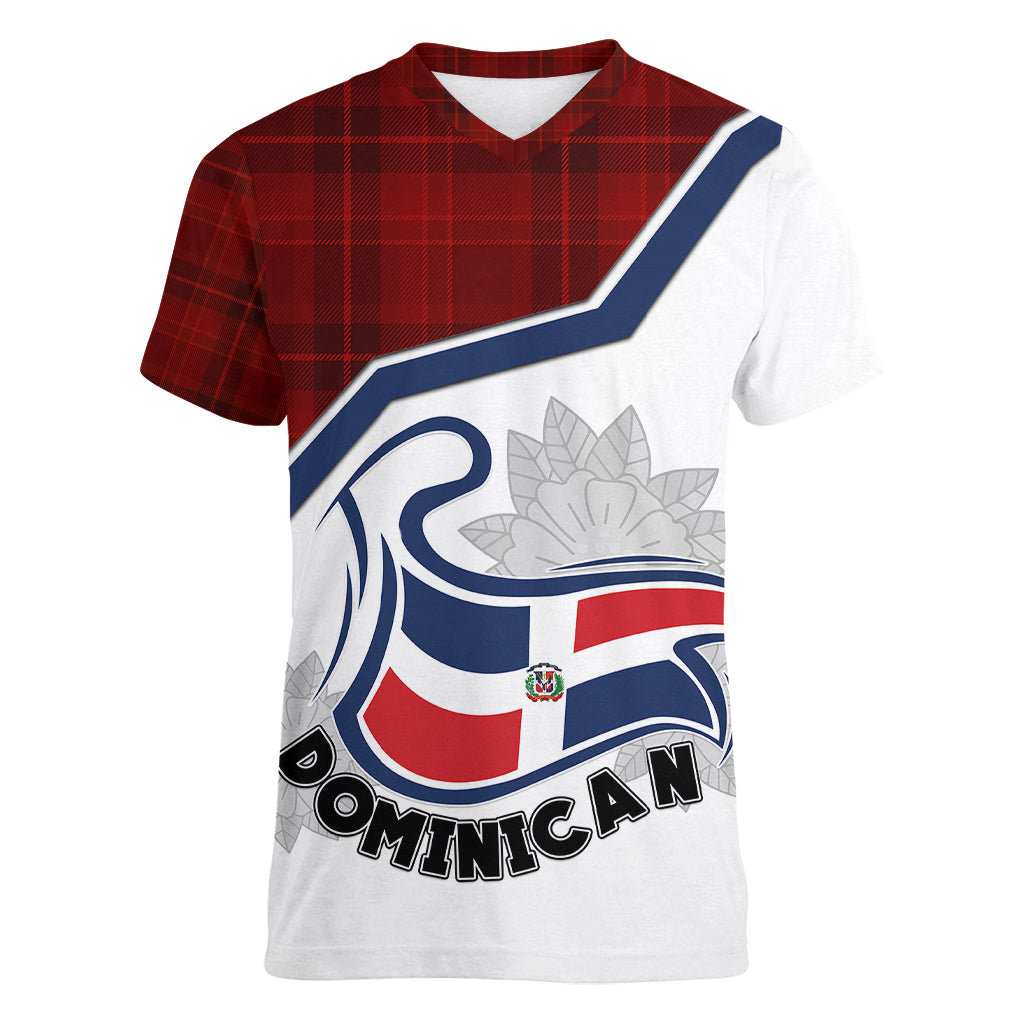 personlised-dominican-republic-women-v-neck-t-shirt-dominicana-plaid-pattern-mix-coat-of-arms