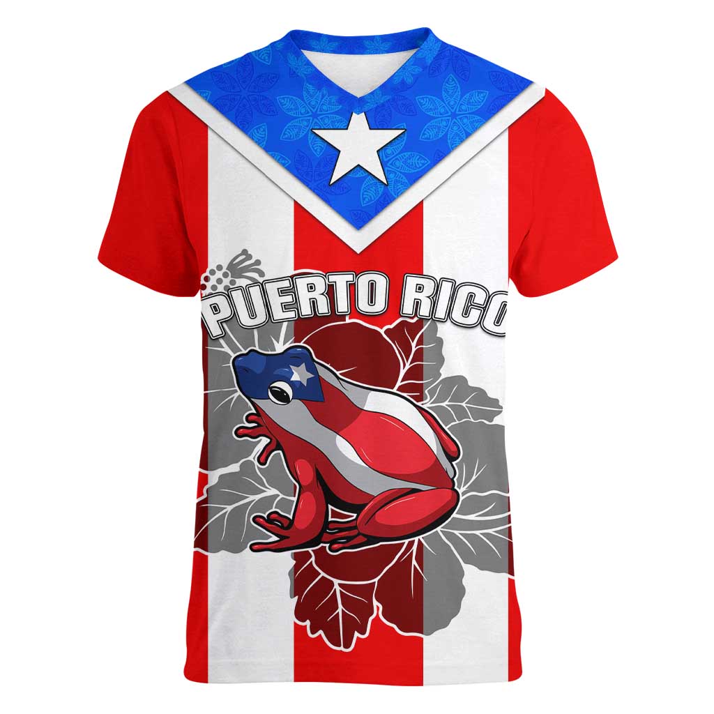 Puerto Rico Women V Neck T Shirt Coqui Frog Mix Flor de Maga TS06