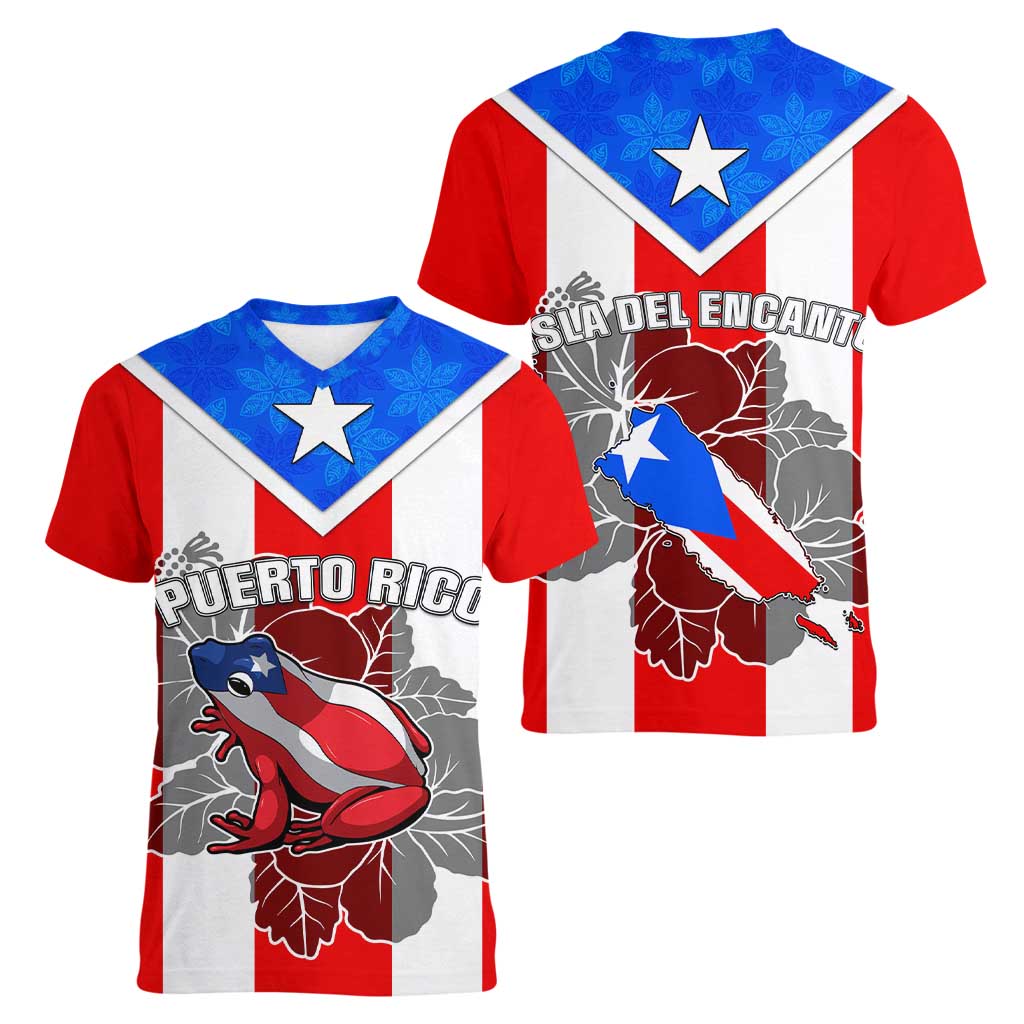 Puerto Rico Women V Neck T Shirt Coqui Frog Mix Flor de Maga TS06