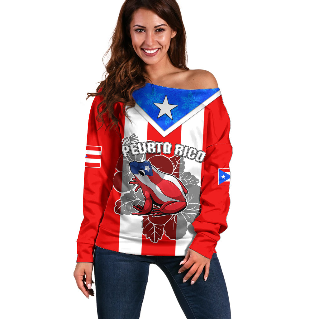 Custom Puerto Rico Off Shoulder Sweater Coqui Frog Mix Flor de Maga TS06 - Wonder Print Shop