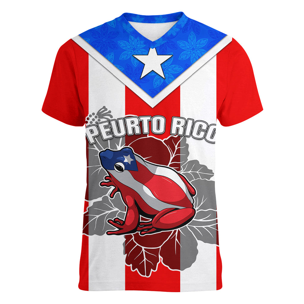 Custom Puerto Rico Women V Neck T Shirt Coqui Frog Mix Flor de Maga TS06 - Wonder Print Shop