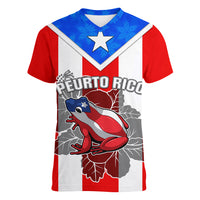 Custom Puerto Rico Women V Neck T Shirt Coqui Frog Mix Flor de Maga TS06 - Wonder Print Shop