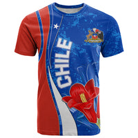 Custom Chile T-shirt in blue with red/white flag stripe and large flower graphic