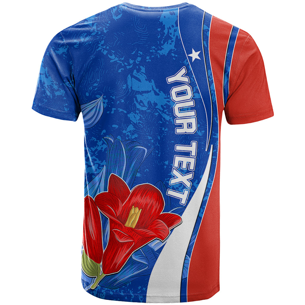 Custom Chile T-shirt back view, blue with red flag panel, Chile text and flower