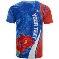 Custom Chile T-shirt back view, blue with red flag panel, Chile text and flower