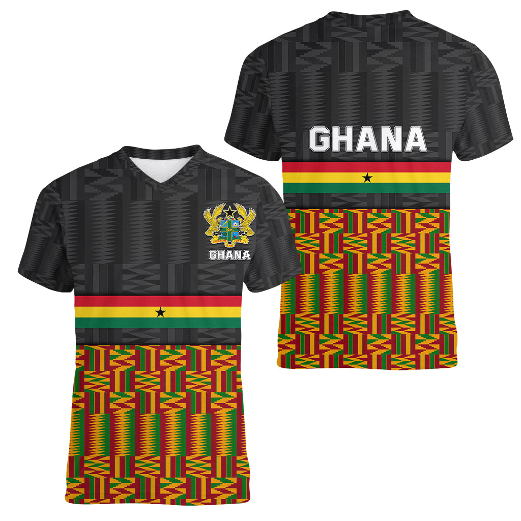 Ghana Women V Neck T Shirt Kente Pattern With Coat Of Arms TS06 - Wonder Print Shop