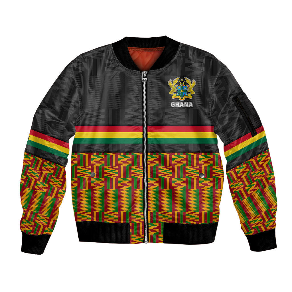 Custom Ghana Sleeve Zip Bomber Jacket Kente Pattern With Coat Of Arms TS06 - Wonder Print Shop