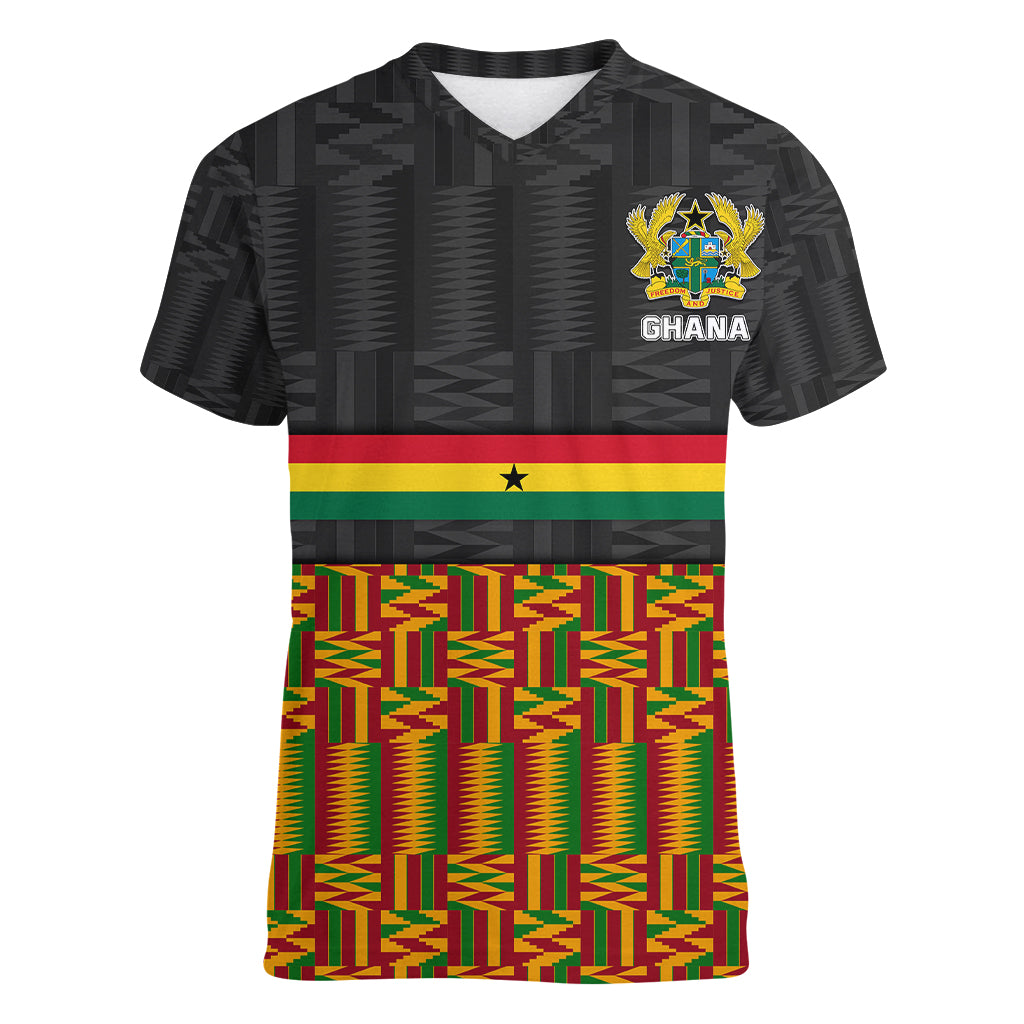 Custom Ghana Women V Neck T Shirt Kente Pattern With Coat Of Arms TS06 - Wonder Print Shop