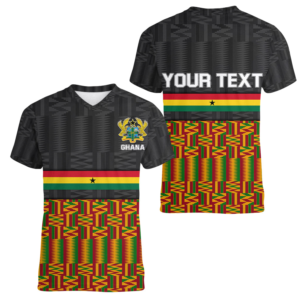 Custom Ghana Women V Neck T Shirt Kente Pattern With Coat Of Arms TS06 - Wonder Print Shop