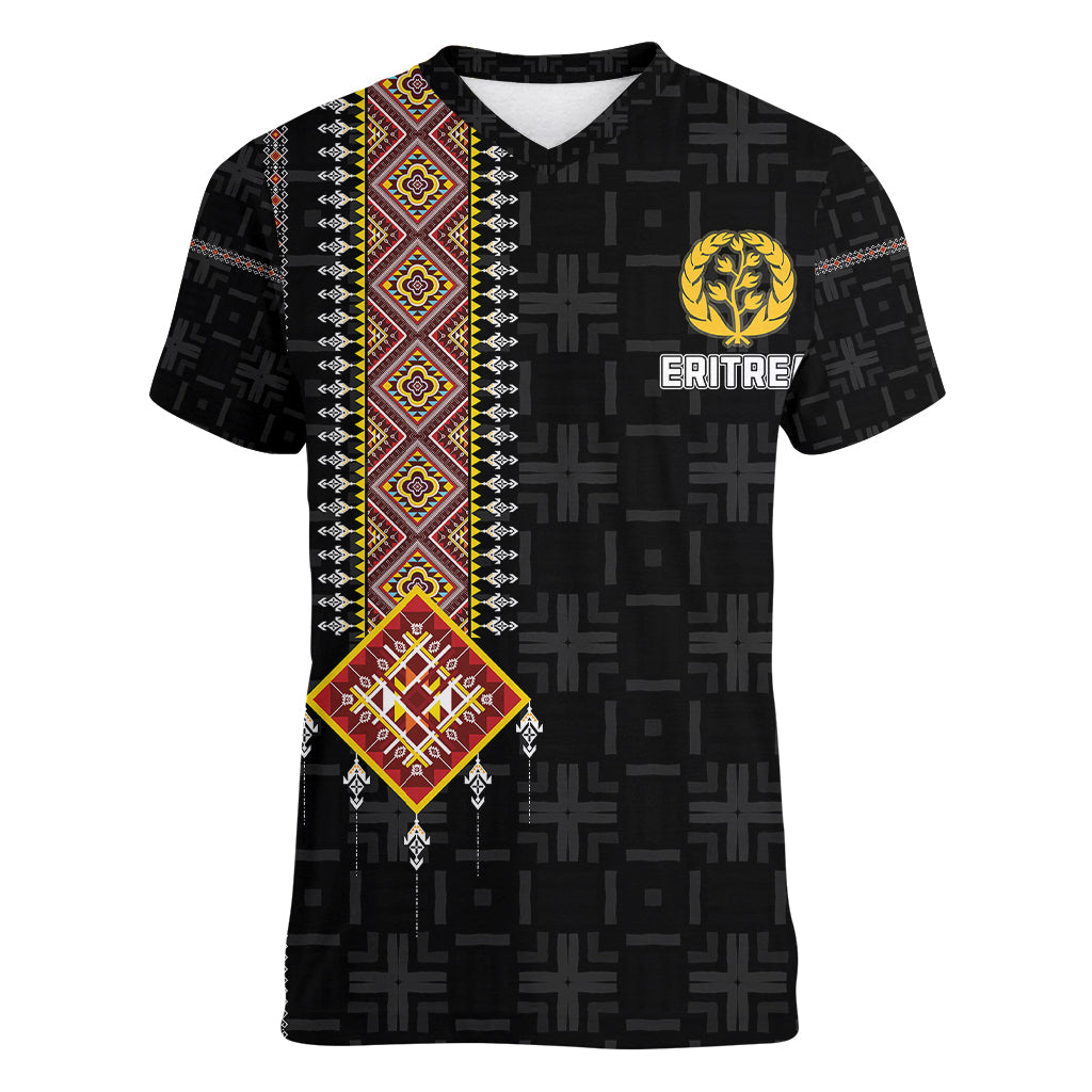Eritrea Women V Neck T Shirt Habesha With African Pattern TS06 - Wonder Print Shop