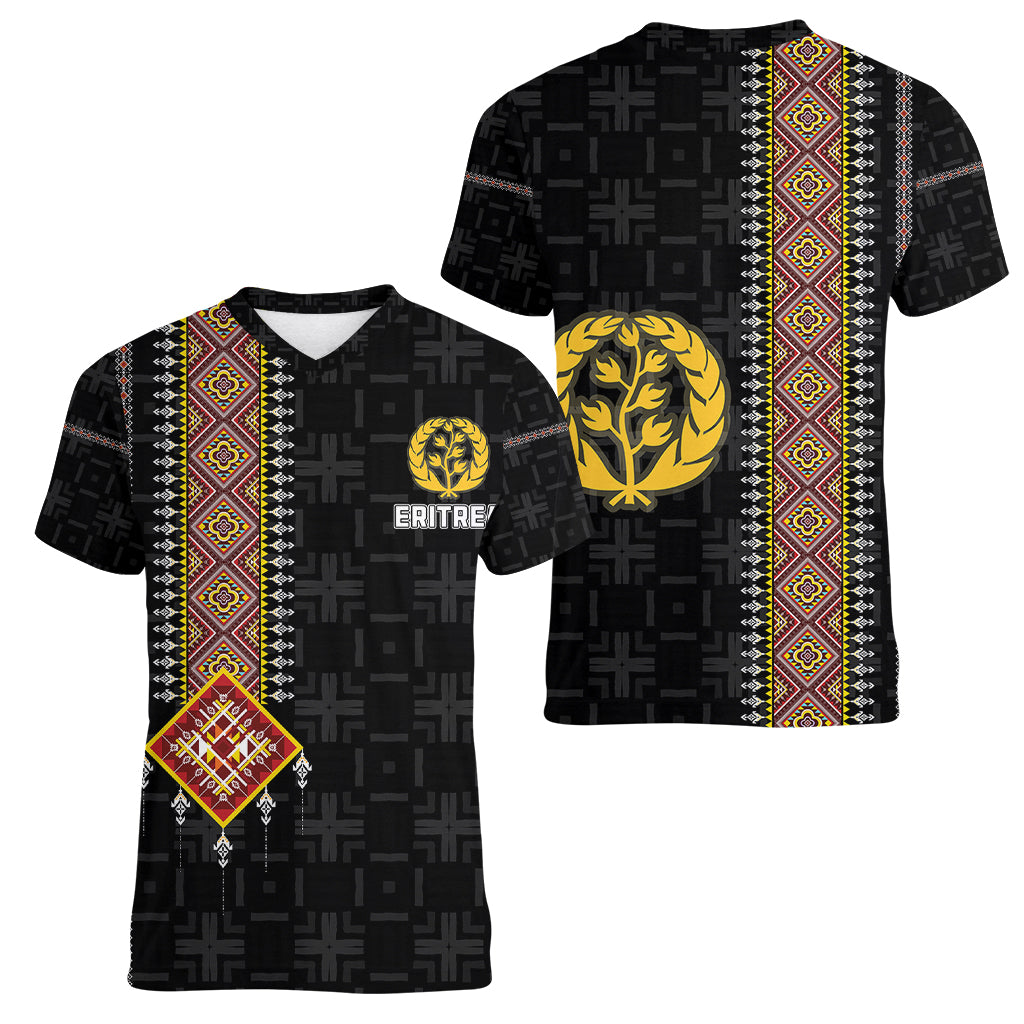 Eritrea Women V Neck T Shirt Habesha With African Pattern TS06 - Wonder Print Shop