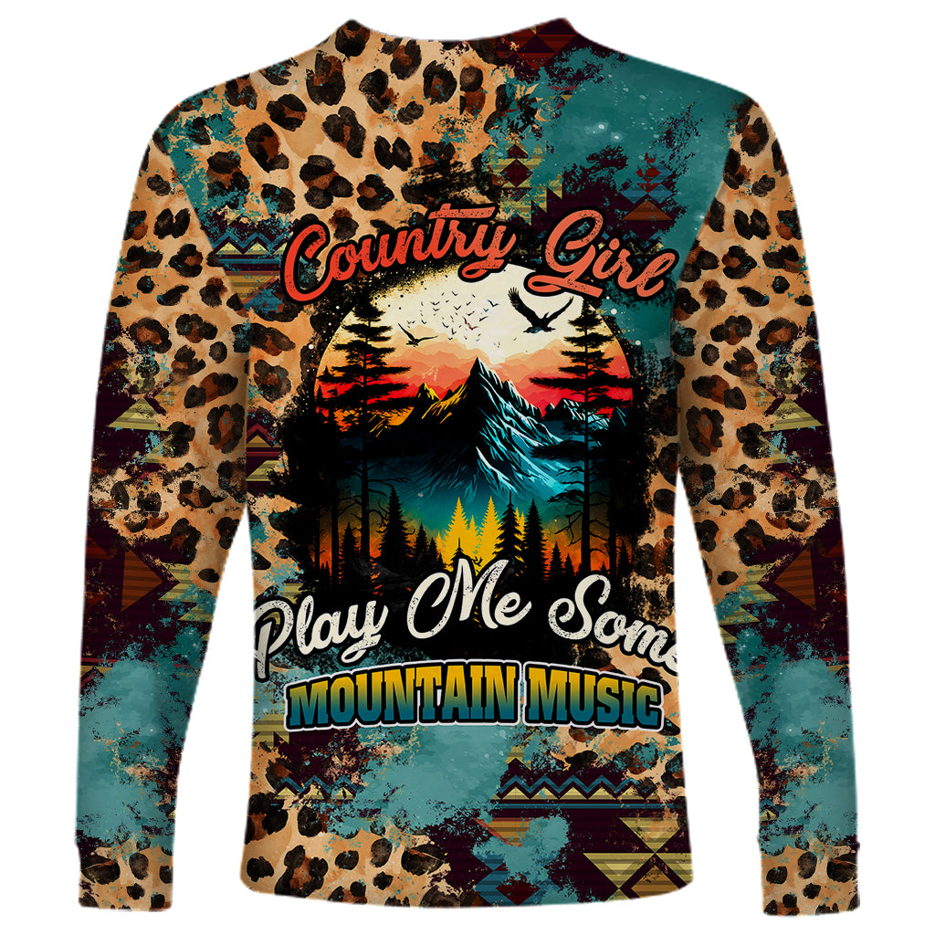 Country Girl Long Sleeve Shirt Play Me Some Mountain Music with Leoppard Pattern TS07 - Wonder Print Shop