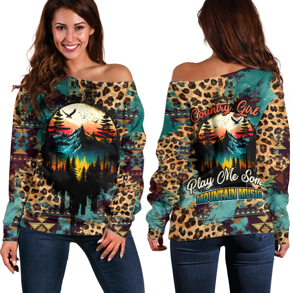 Country Girl Off Shoulder Sweater Play Me Some Mountain Music with Leoppard Pattern TS07 - Wonder Print Shop