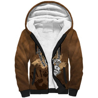 Brown sherpa zip hoodie, white-lined hood, front graphic patch, unisex
