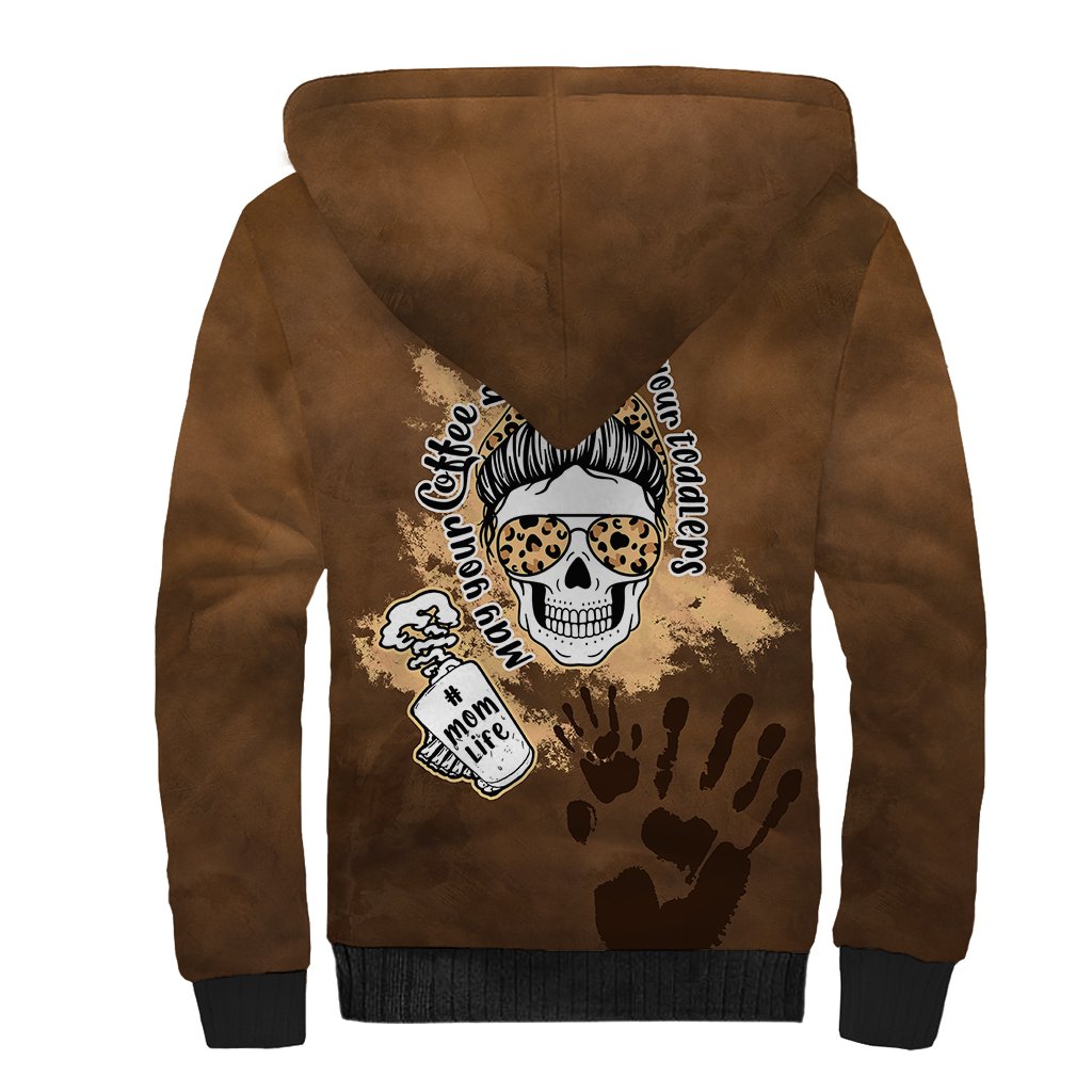 Brown sherpa zip hoodie, white-lined hood, back skull mom-life print, unisex