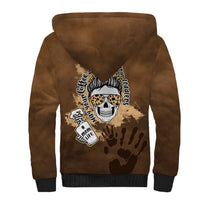 Brown sherpa zip hoodie, white-lined hood, back skull mom-life print, unisex