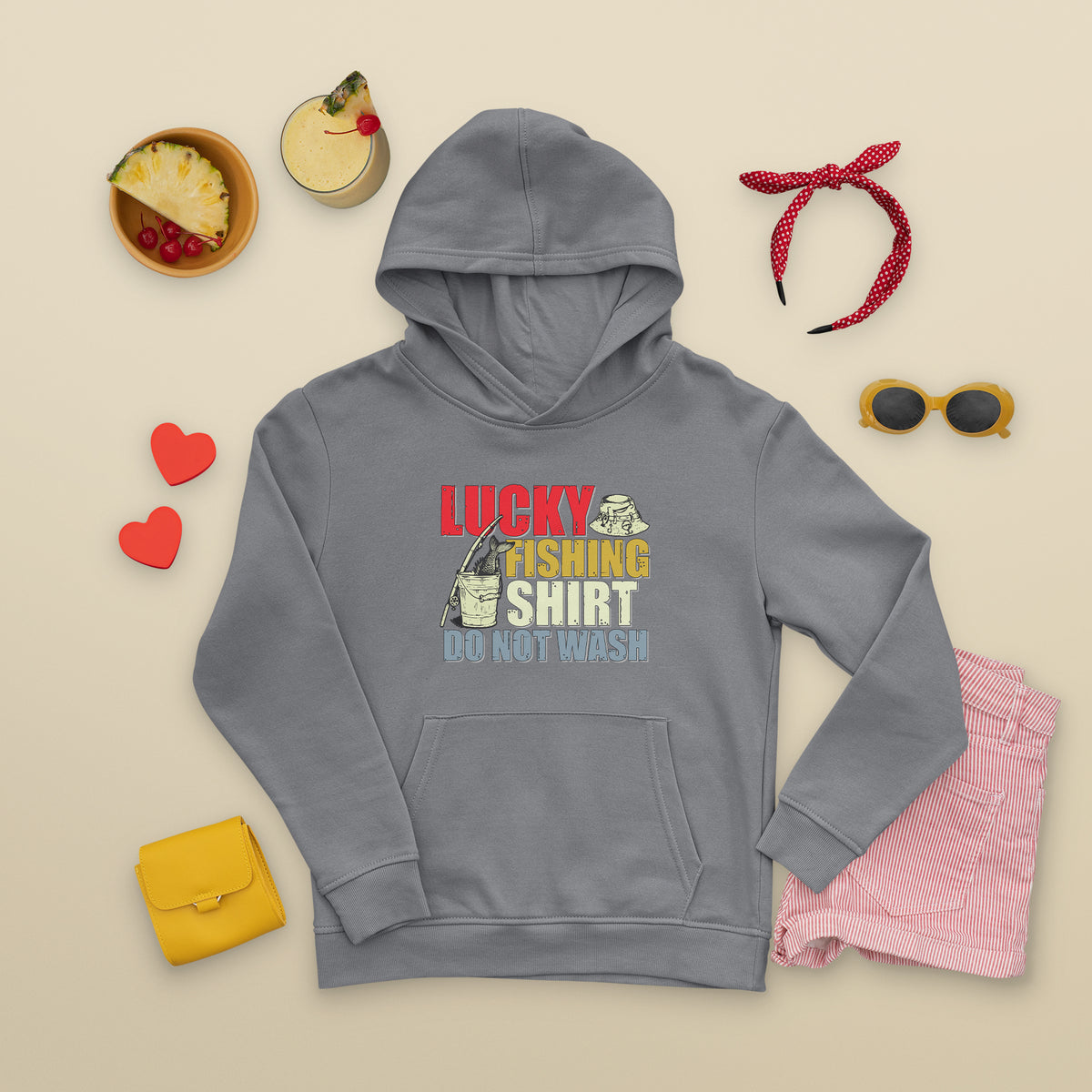 Charcoal fishing hoodie with "Lucky Fishing Shirt Do Not Wash" front graphic and kangaroo pocket.
