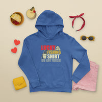 Royal blue fishing hoodie with "Lucky Fishing Shirt Do Not Wash" front graphic and kangaroo pocket.