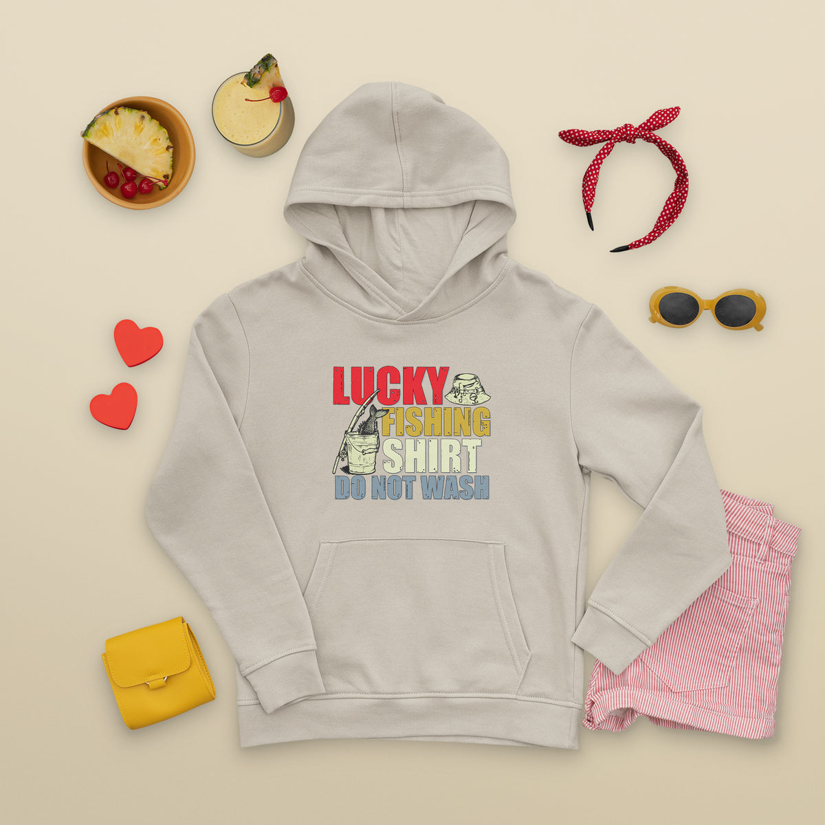 White fishing hoodie with "Lucky Fishing Shirt Do Not Wash" front graphic and kangaroo pocket.