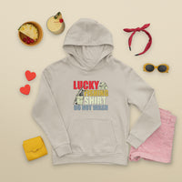 White fishing hoodie with "Lucky Fishing Shirt Do Not Wash" front graphic and kangaroo pocket.
