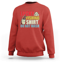 Red fishing sweatshirt with Lucky Fishing Shirt 'Do Not Wash' graphic.