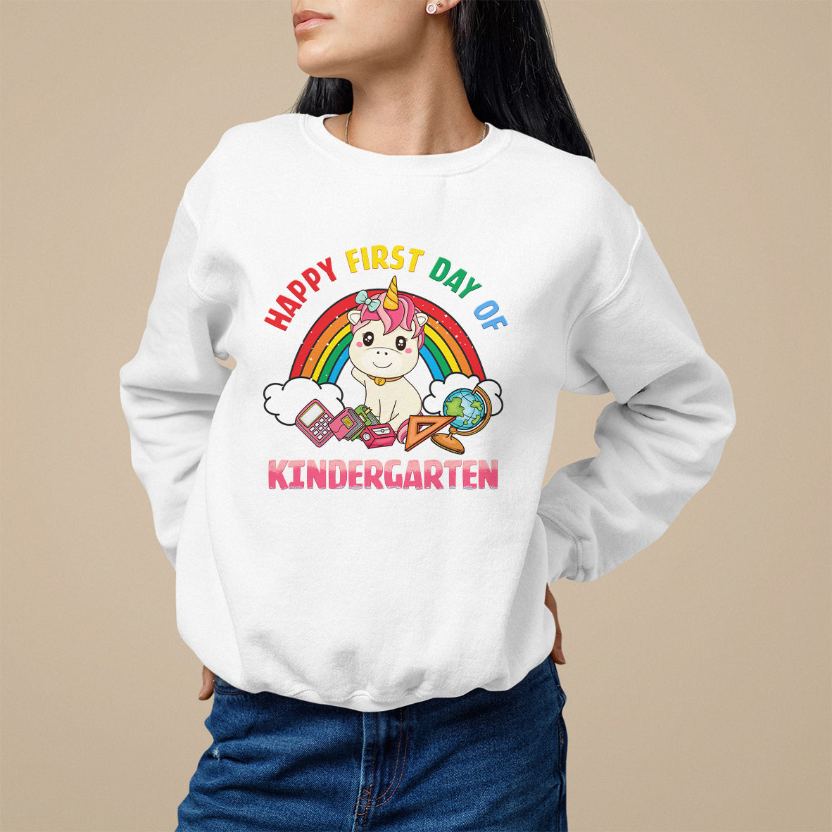 Back to school Sweatshirt Happy First Day of Kindergarten Shirt, Unicorn Raibow Coloful Oufit, Gift for Teachers, Kindergarten Teacher TS08 - Wonder Print Shop