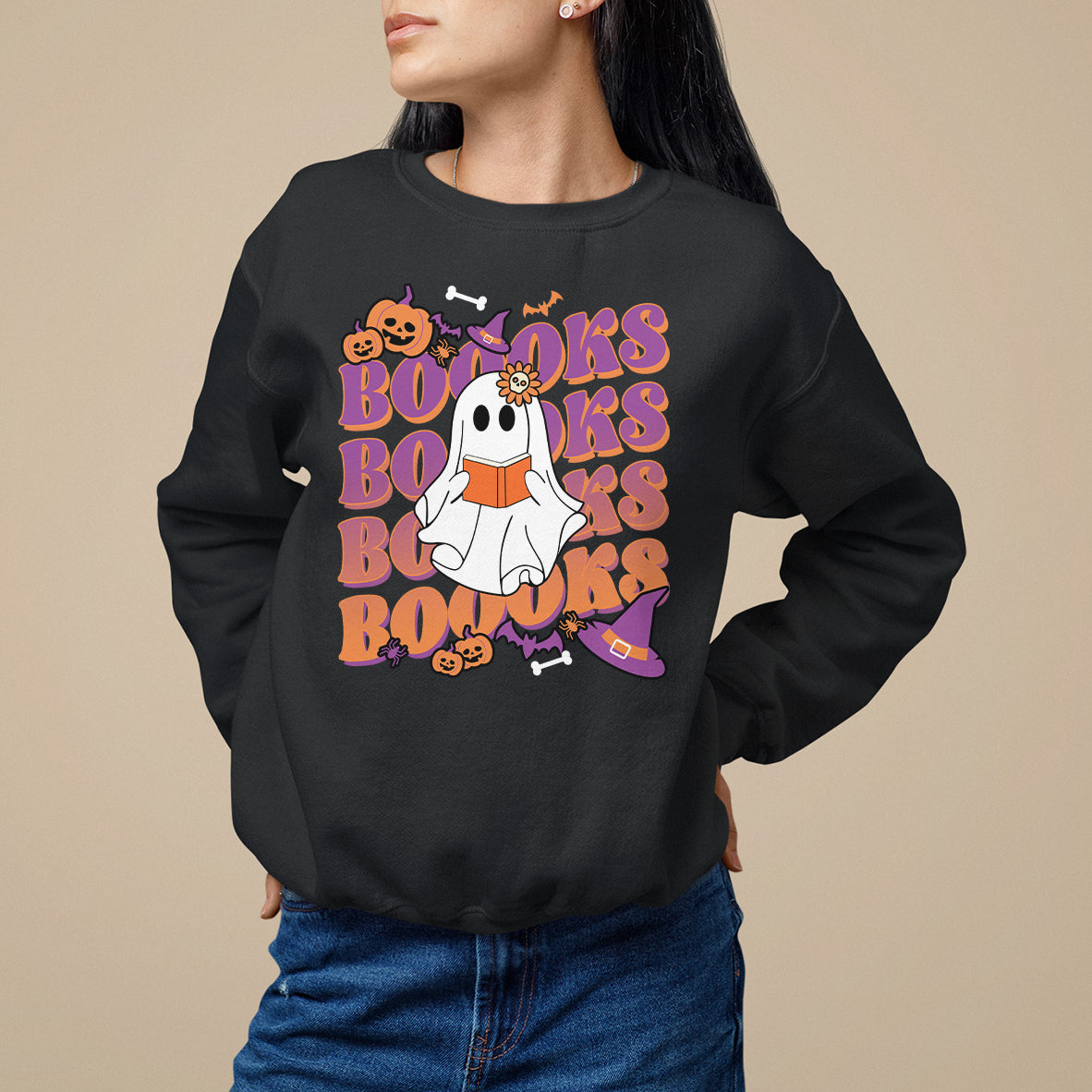 Halloween Sweatshirt Boooks Ghosts Tee, Funny Halloween Casual Shirt, Book-Loving Teacher Outfit, Bookworm TS08 - Wonder Print Shop