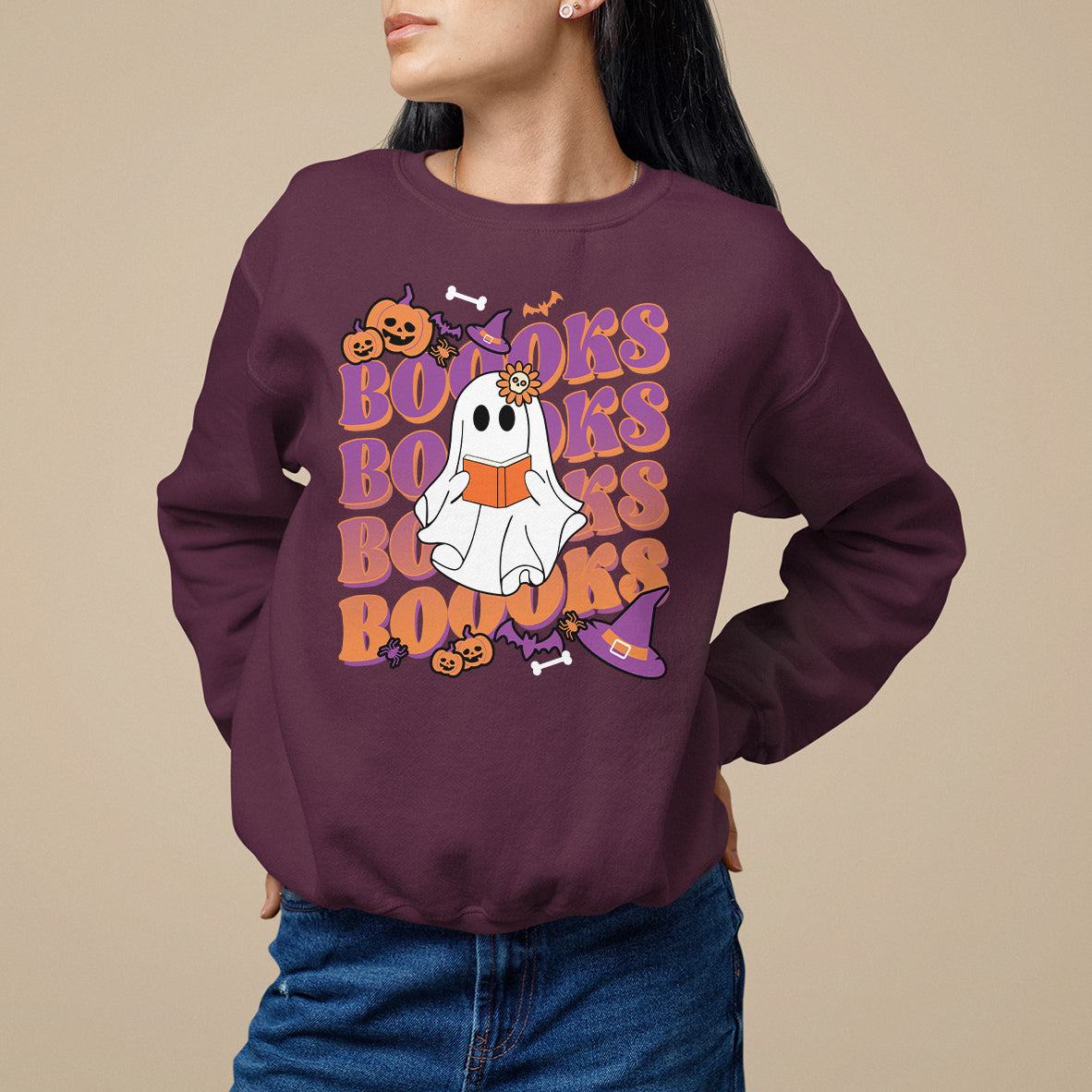 Halloween Sweatshirt Boooks Ghosts Tee, Funny Halloween Casual Shirt, Book-Loving Teacher Outfit, Bookworm TS08 - Wonder Print Shop