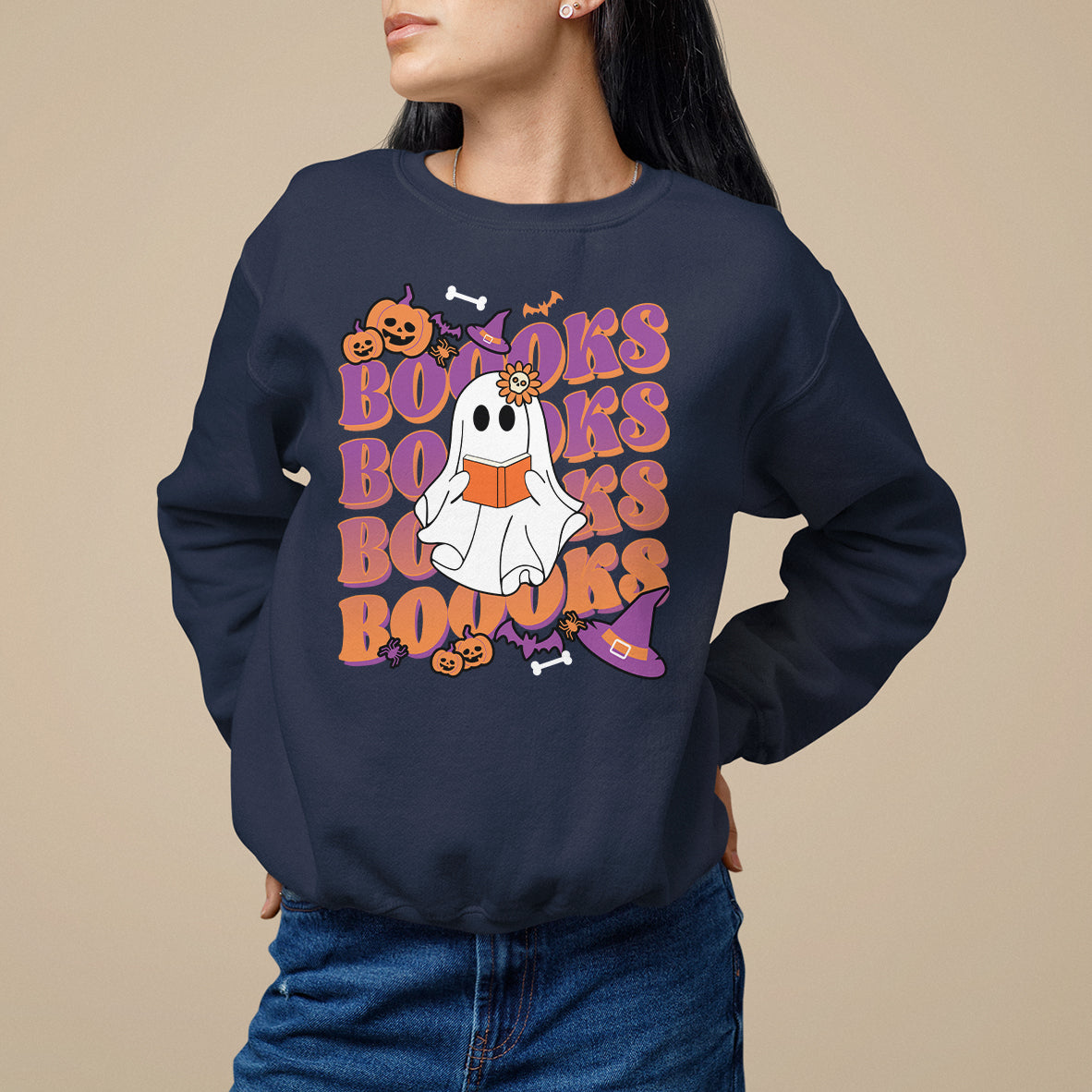 Halloween Sweatshirt Boooks Ghosts Tee, Funny Halloween Casual Shirt, Book-Loving Teacher Outfit, Bookworm TS08 - Wonder Print Shop
