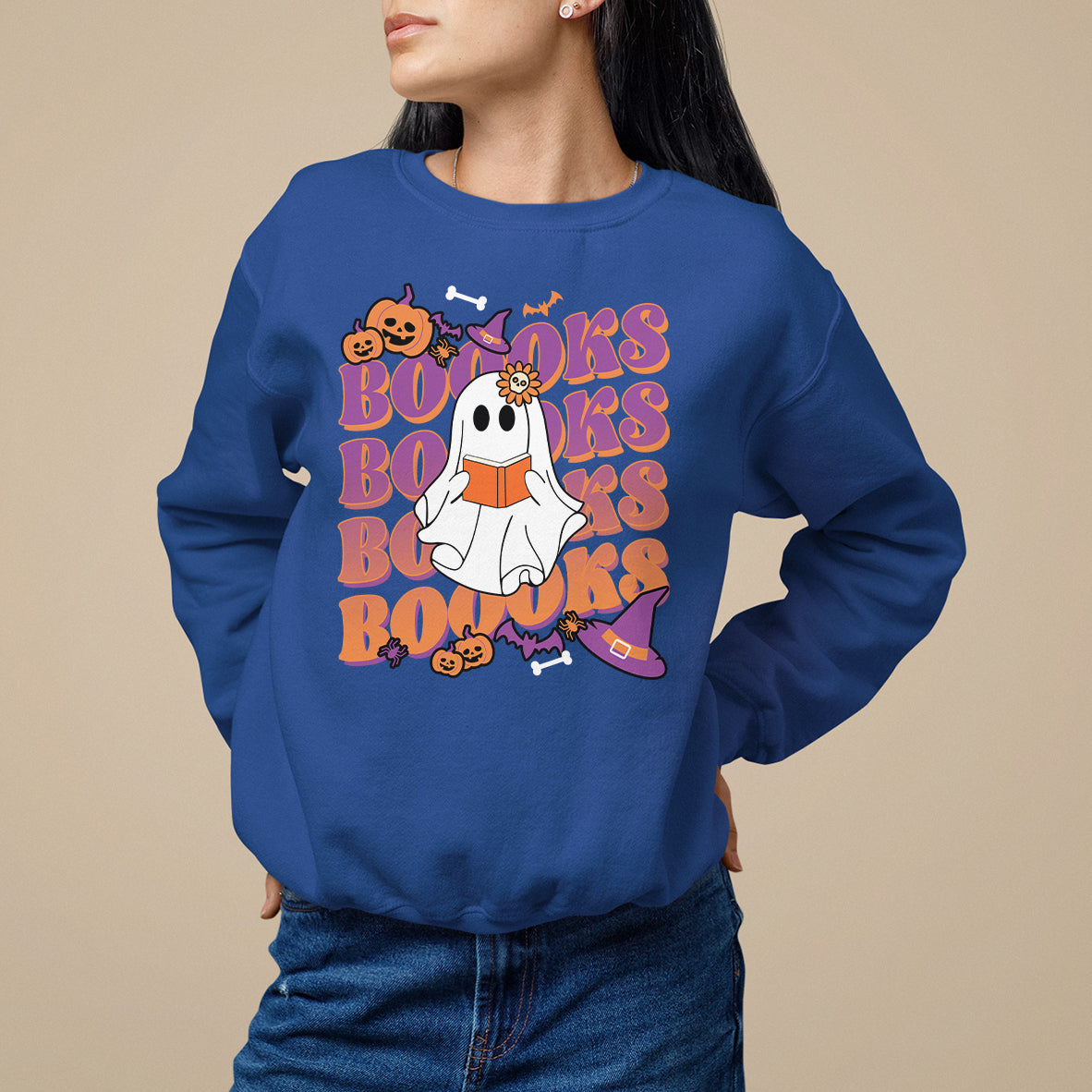 Halloween Sweatshirt Boooks Ghosts Tee, Funny Halloween Casual Shirt, Book-Loving Teacher Outfit, Bookworm TS08 - Wonder Print Shop
