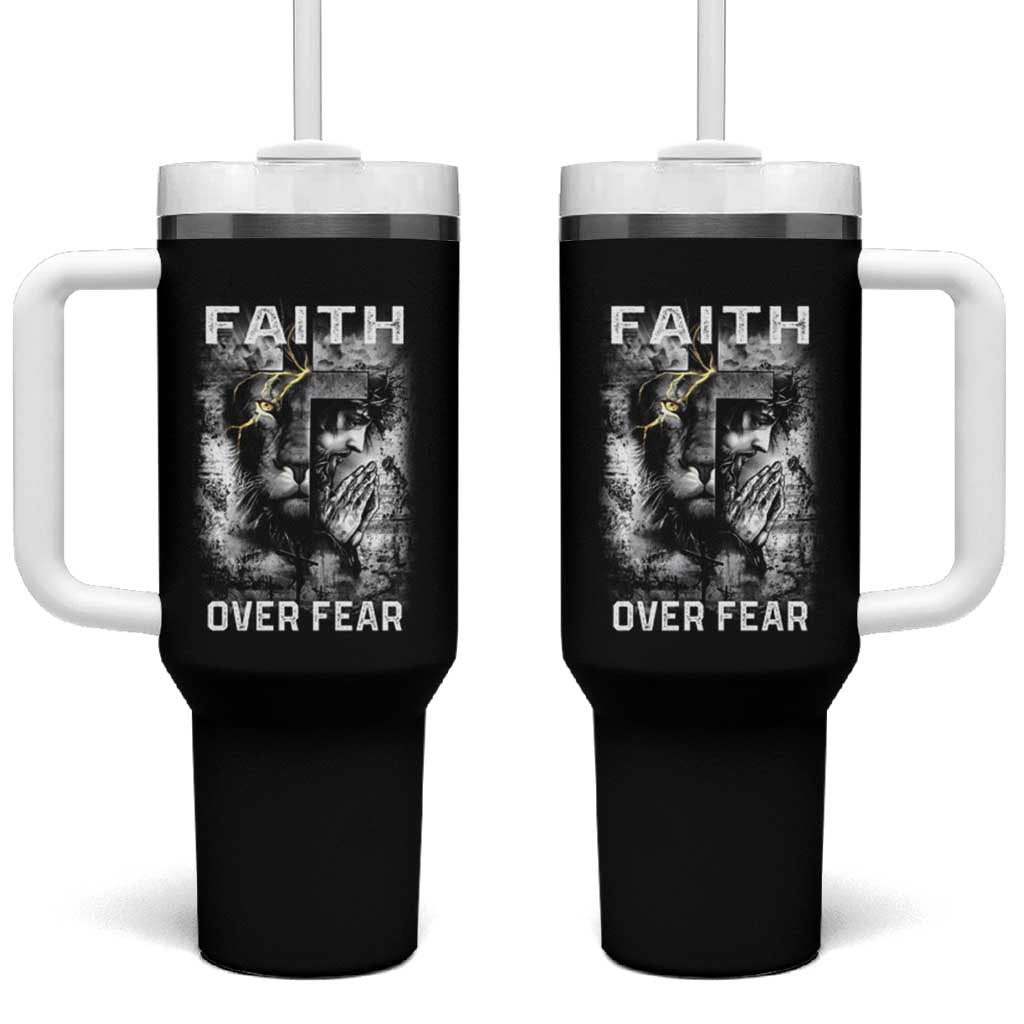 Christian Tumbler With Handle Faith Over Fear Jesus Lion