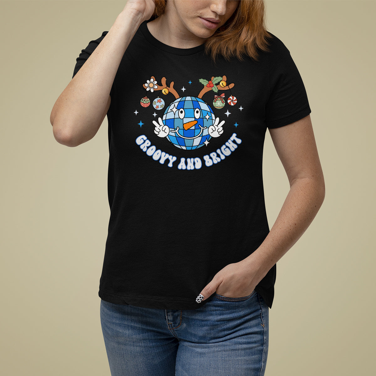 Groovy And Bright Merry Christmas Disco Ball Reindeer T Shirt For Women - Wonder Print Shop