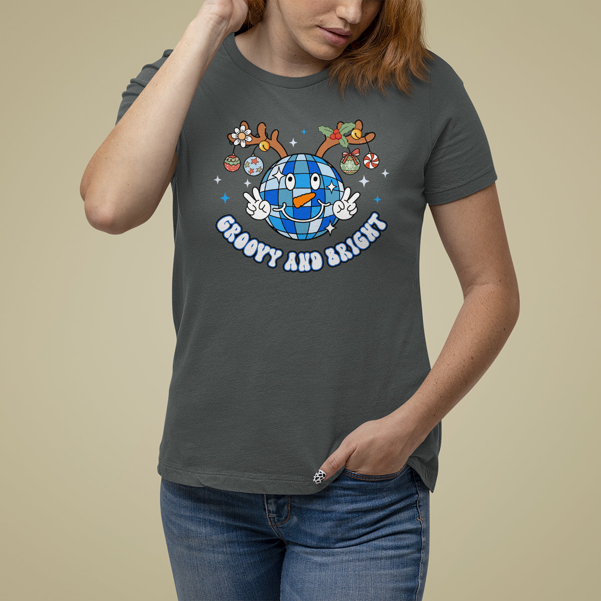 Groovy And Bright Merry Christmas Disco Ball Reindeer T Shirt For Women - Wonder Print Shop