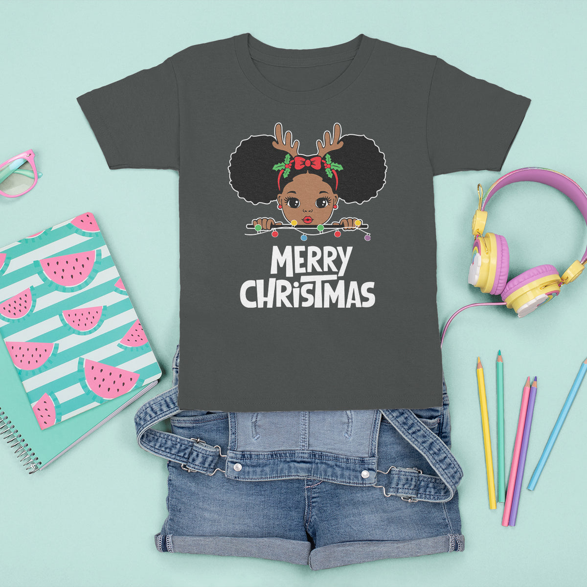 Christmas Mrs. Claus Peeking Santa African American T Shirt For Kid - Wonder Print Shop