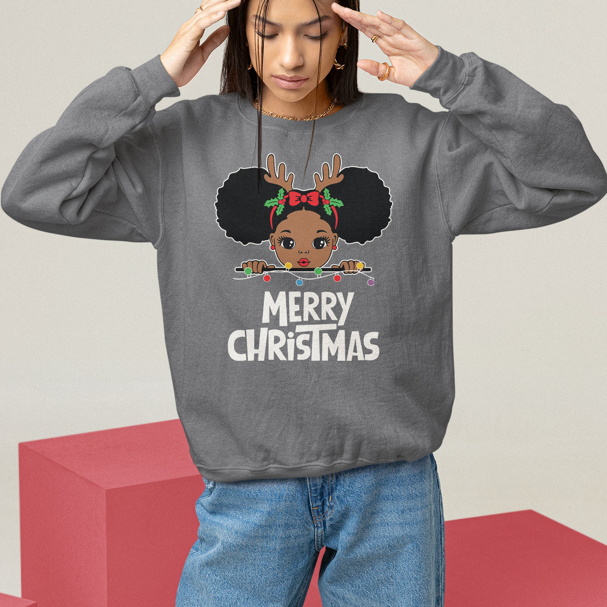 Christmas Mrs. Claus Peeking Santa African American Sweatshirt - Wonder Print Shop
