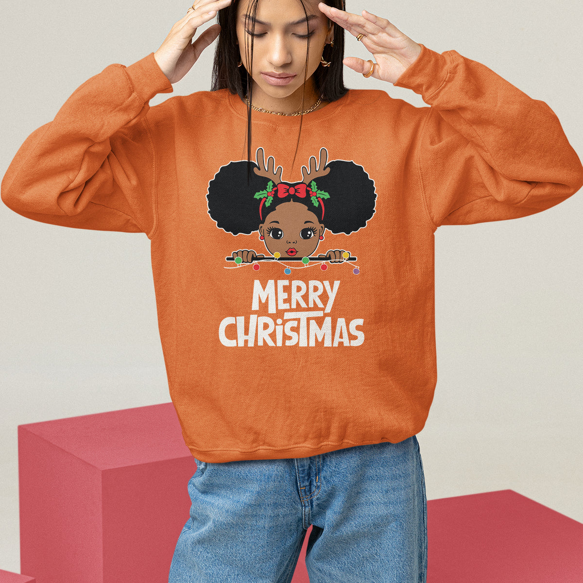 Christmas Mrs. Claus Peeking Santa African American Sweatshirt - Wonder Print Shop