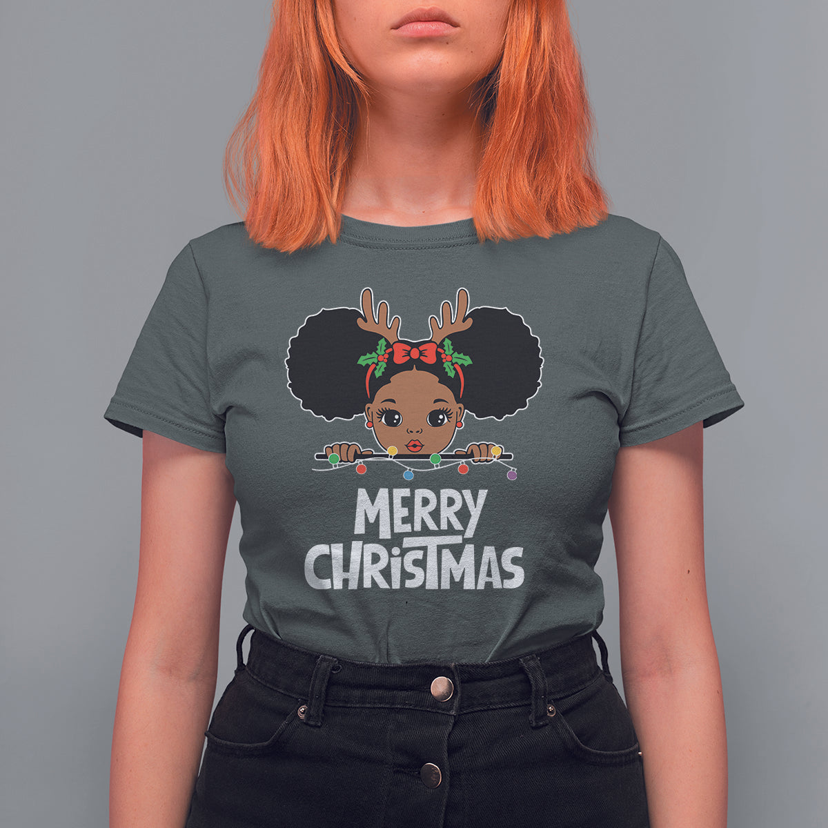 Christmas Mrs. Claus Peeking Santa African American T Shirt For Women - Wonder Print Shop