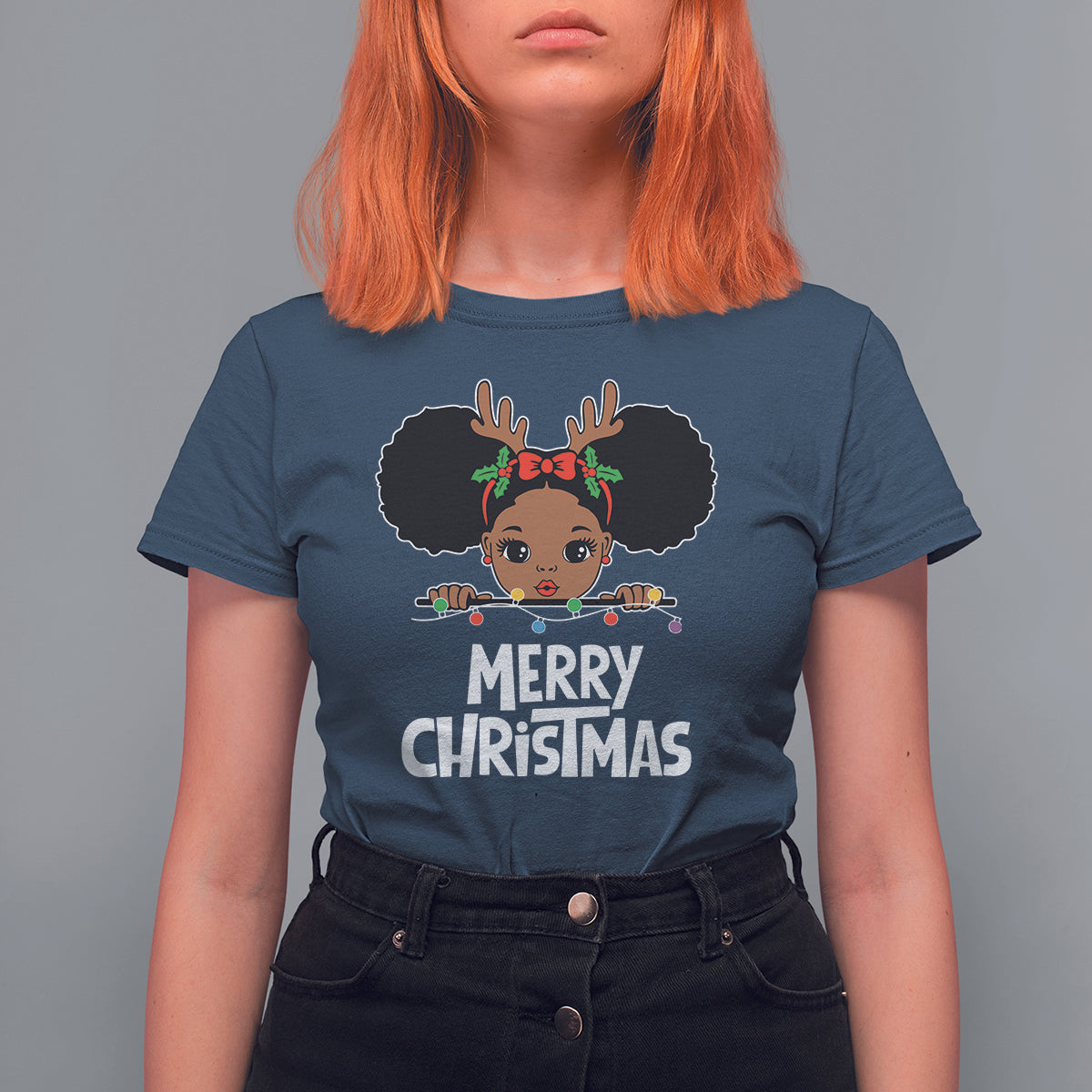 Christmas Mrs. Claus Peeking Santa African American T Shirt For Women - Wonder Print Shop