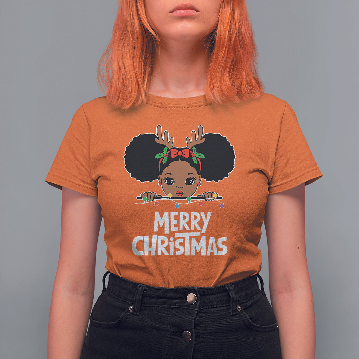 Christmas Mrs. Claus Peeking Santa African American T Shirt For Women - Wonder Print Shop