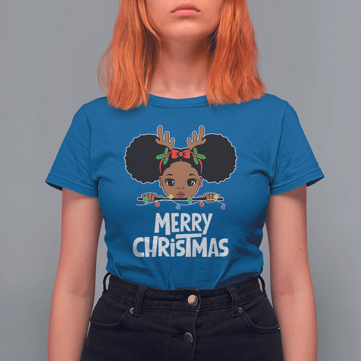Christmas Mrs. Claus Peeking Santa African American T Shirt For Women - Wonder Print Shop