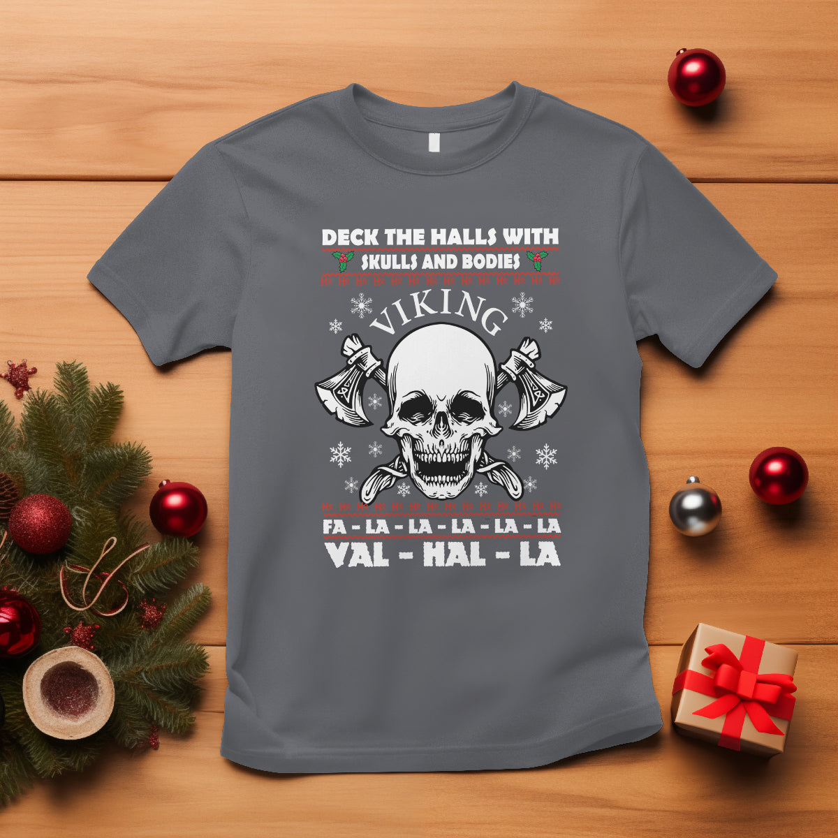 Christmas T Shirt Viking Valhalla Deck The Halls With Skulls And Bodies - Wonder Print Shop