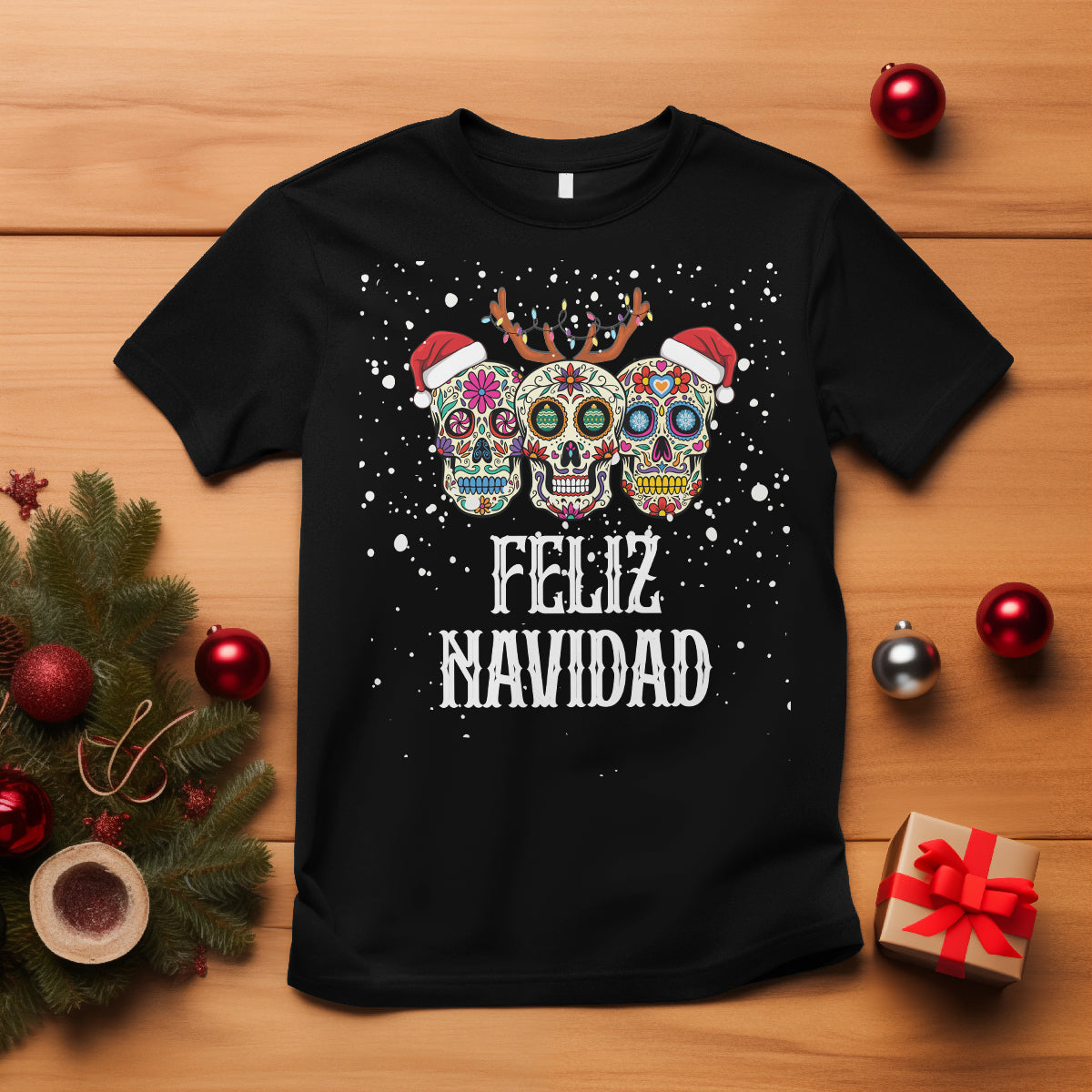 Christmas T Shirt Feliz Navidad Mexican Sugar Skulls Reindeer Santa - Wonder Print Shop