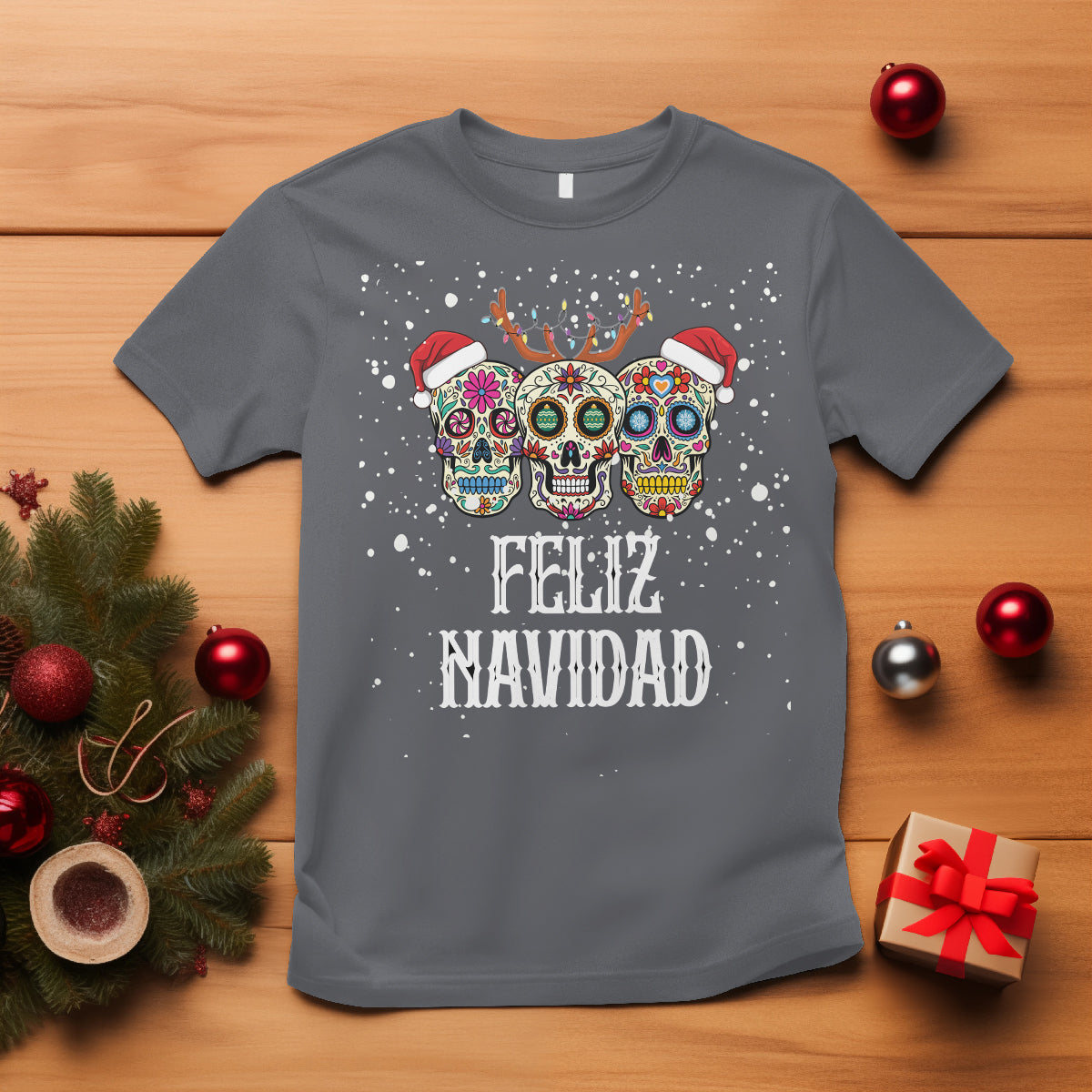 Christmas T Shirt Feliz Navidad Mexican Sugar Skulls Reindeer Santa - Wonder Print Shop