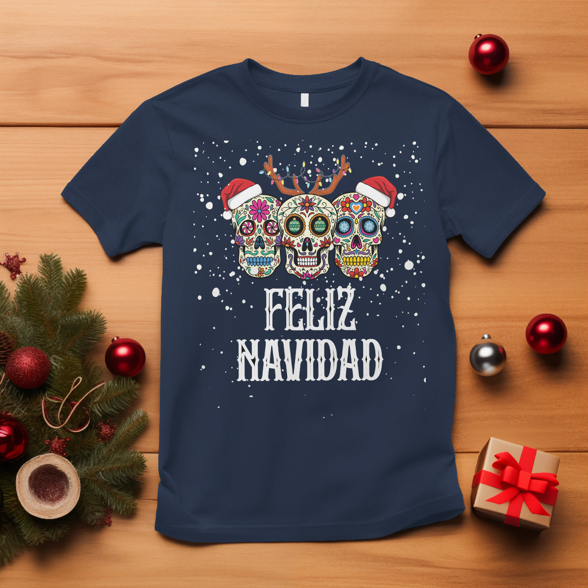 Christmas T Shirt Feliz Navidad Mexican Sugar Skulls Reindeer Santa - Wonder Print Shop