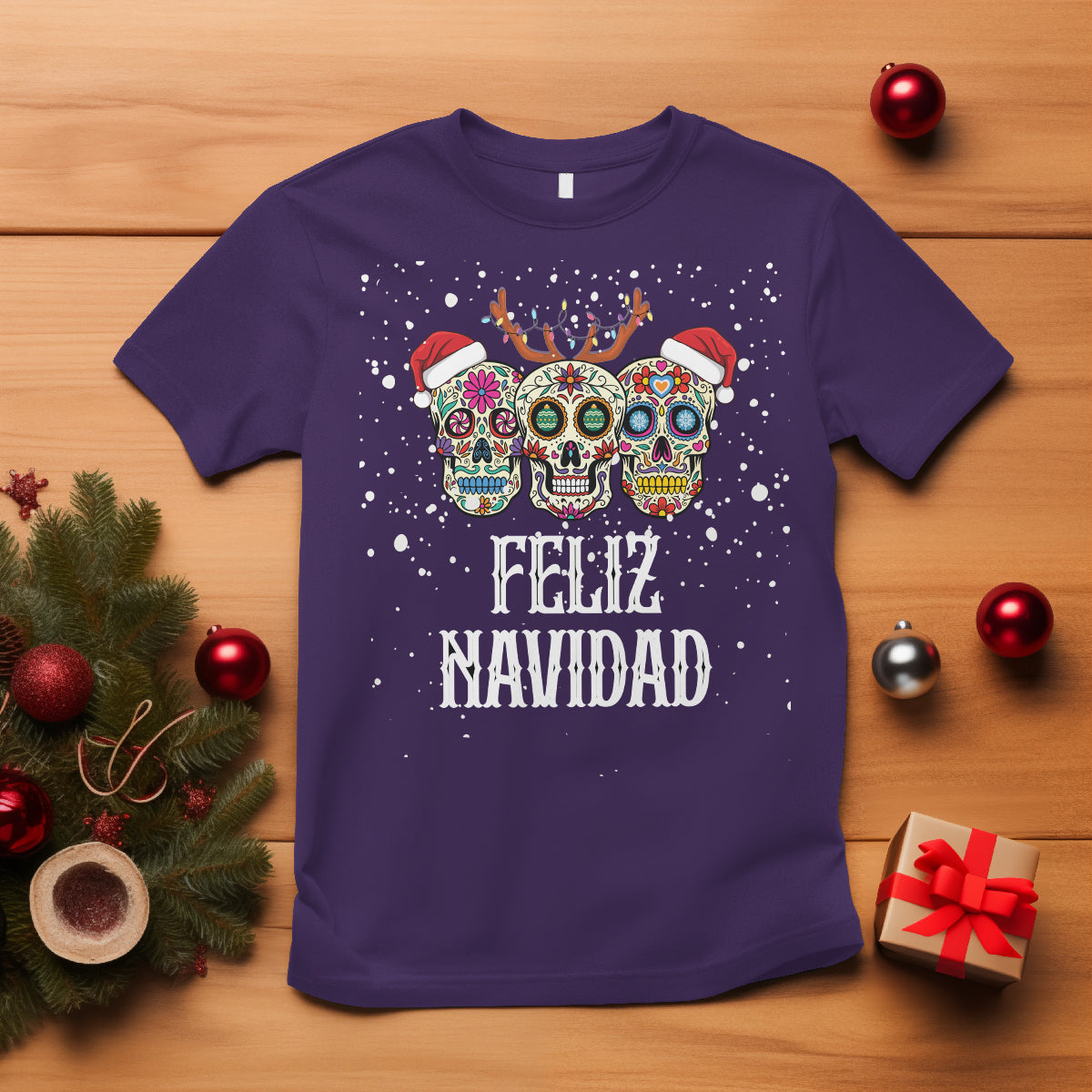 Christmas T Shirt Feliz Navidad Mexican Sugar Skulls Reindeer Santa - Wonder Print Shop