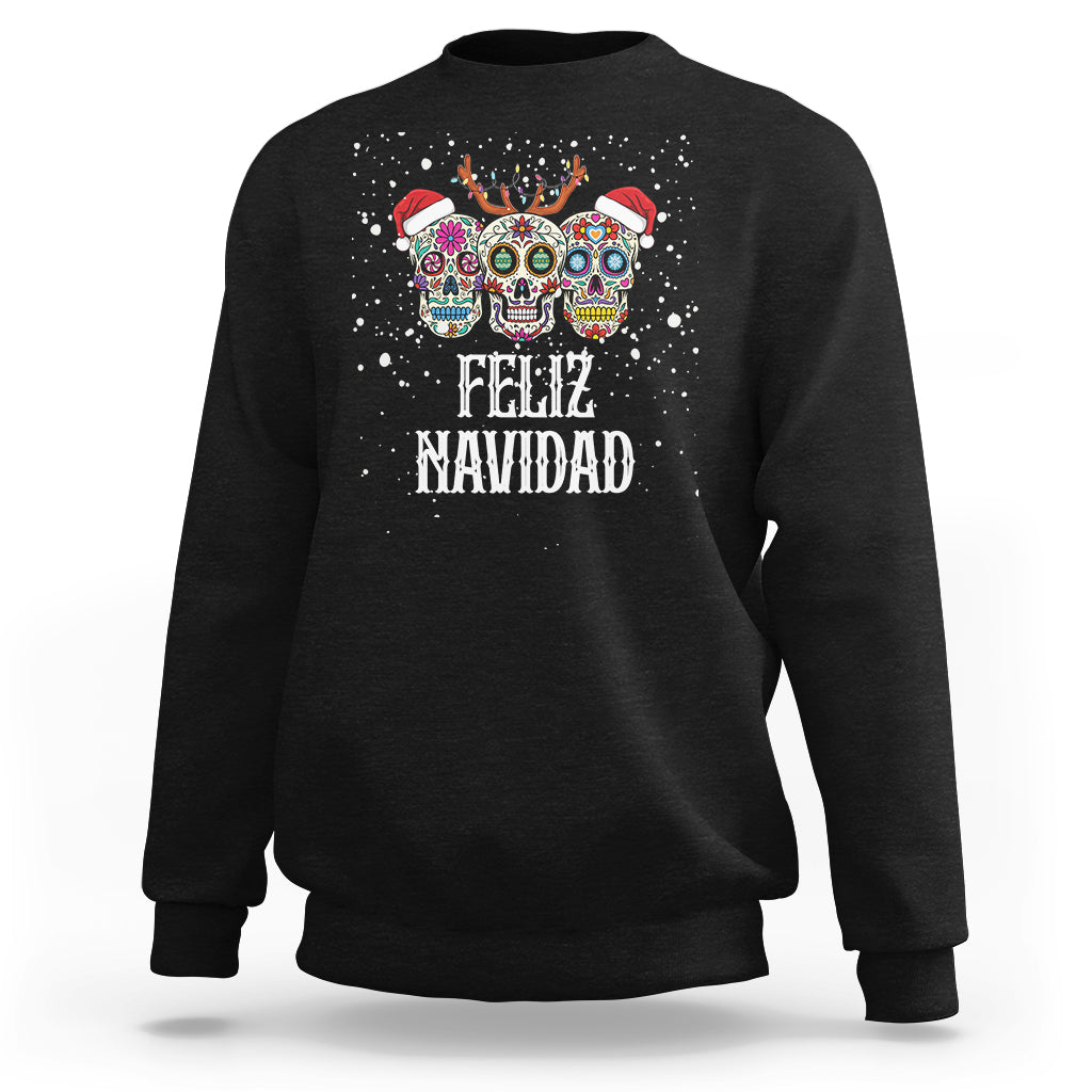 Christmas Sweatshirt Feliz Navidad Mexican Sugar Skulls Reindeer Santa - Wonder Print Shop