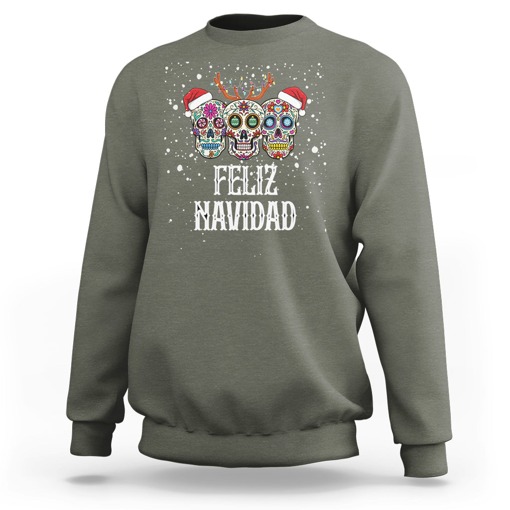 Christmas Sweatshirt Feliz Navidad Mexican Sugar Skulls Reindeer Santa - Wonder Print Shop