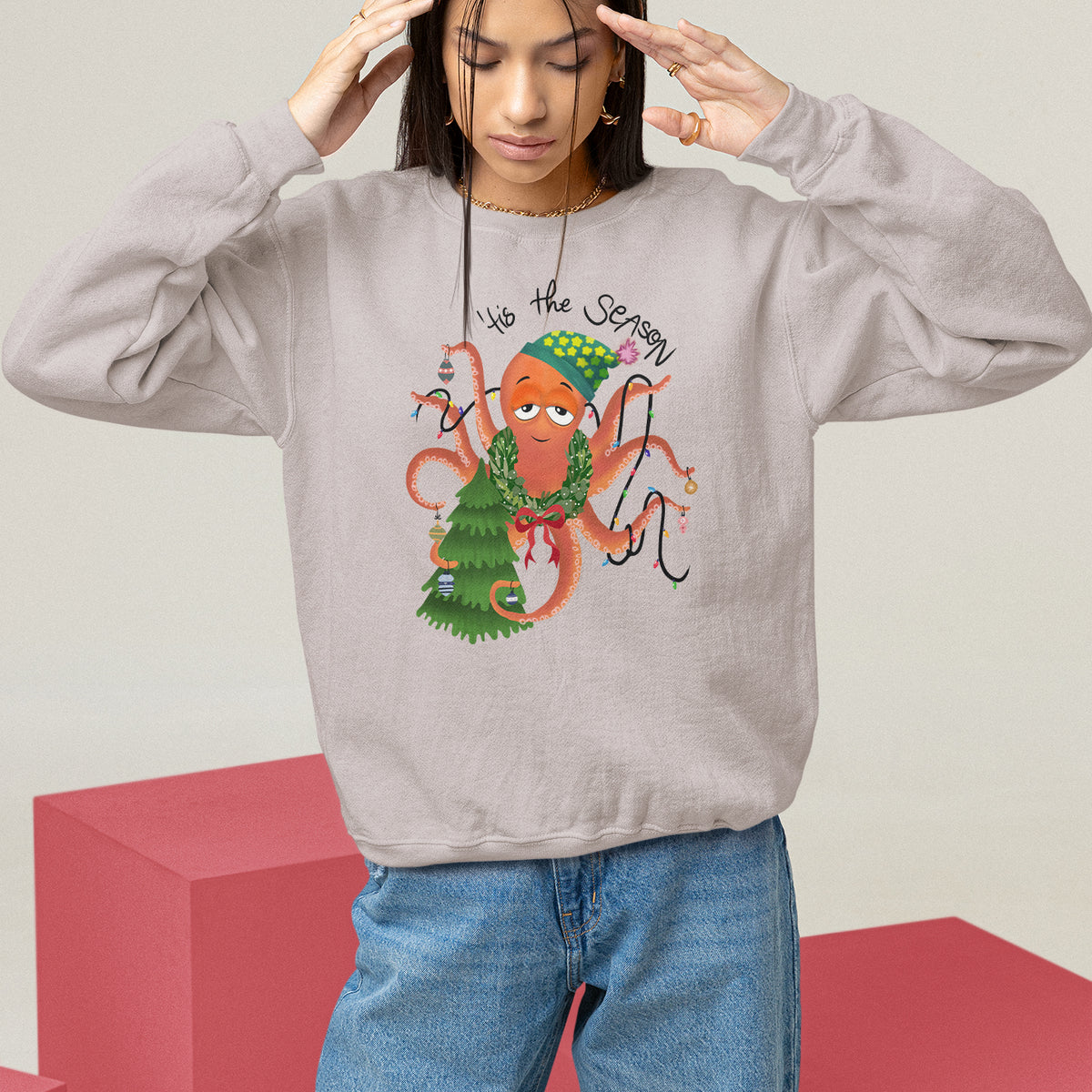 Octopus Tis The Season Christmas Tree Sweatshirt - Wonder Print Shop