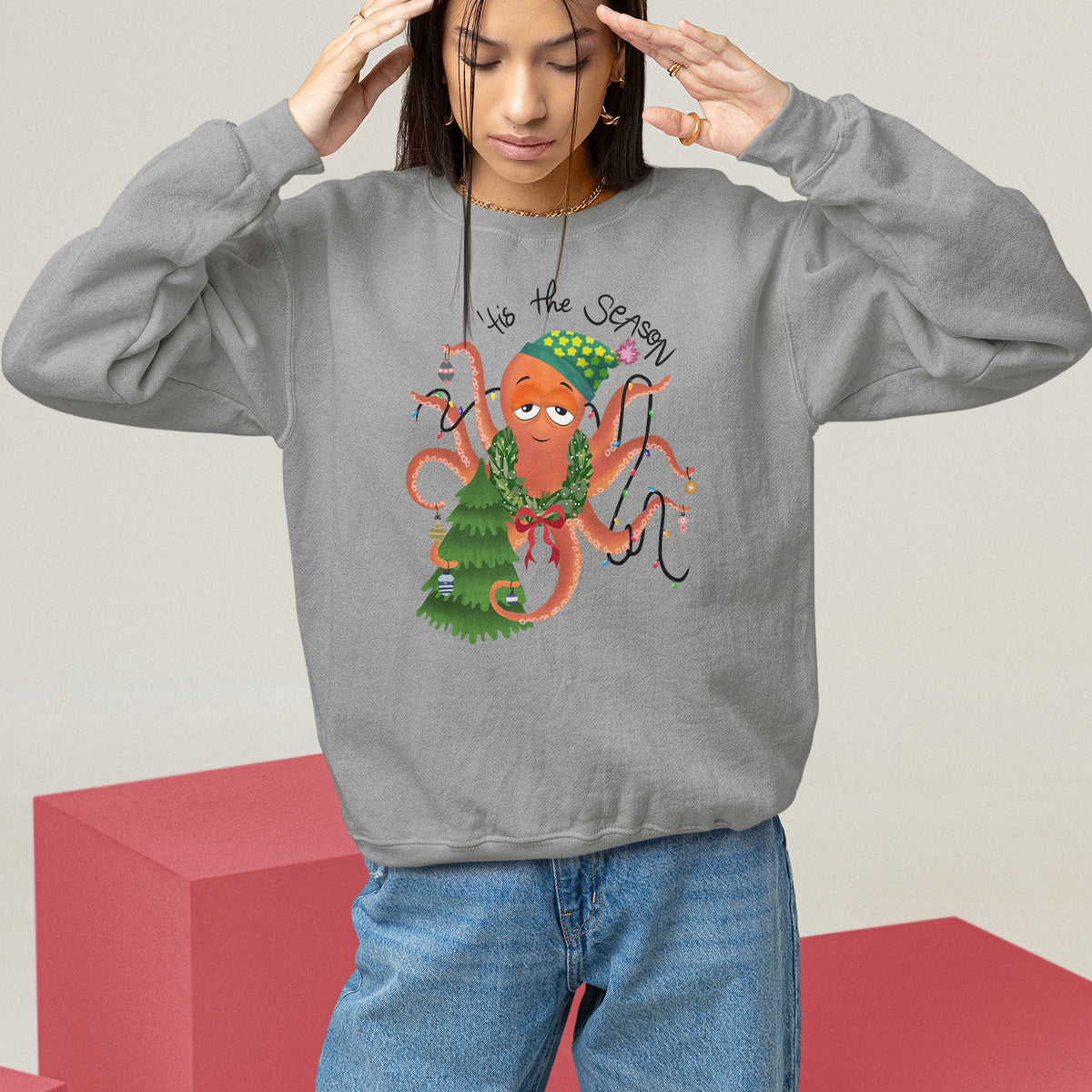 Octopus Tis The Season Christmas Tree Sweatshirt - Wonder Print Shop